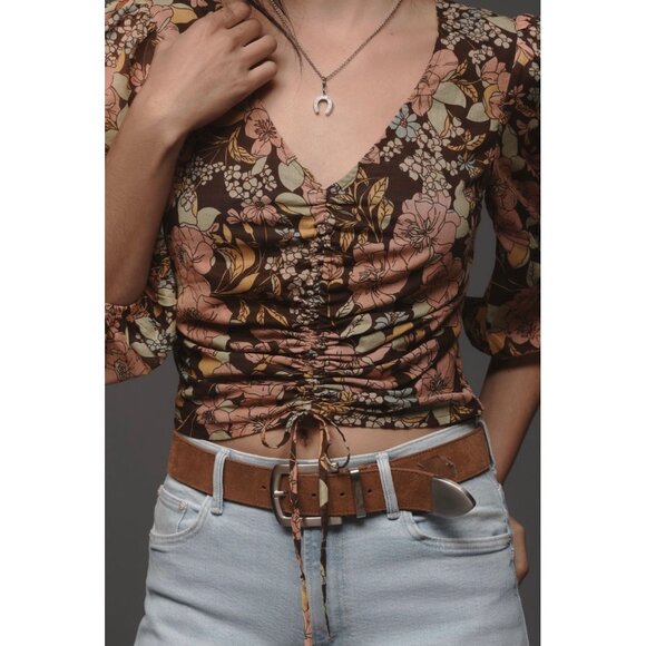 MOTHER The Cinch Top XS Brown Floral Puff Sleeve Ruched Front Lightweight Blouse - Picture 3 of 10